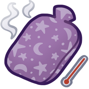 a hot water bottle with a fuzzy pastel purple cover with stars and moons on it. It is steaming, and there’s a classic red thermometer by it to show that it’s hot.